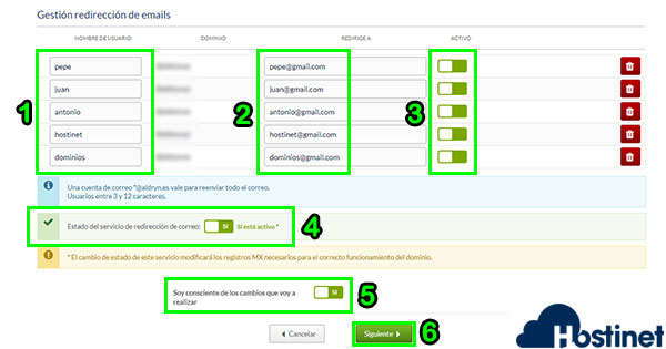 Gestionar Redirección de Emails de un Dominio (números)