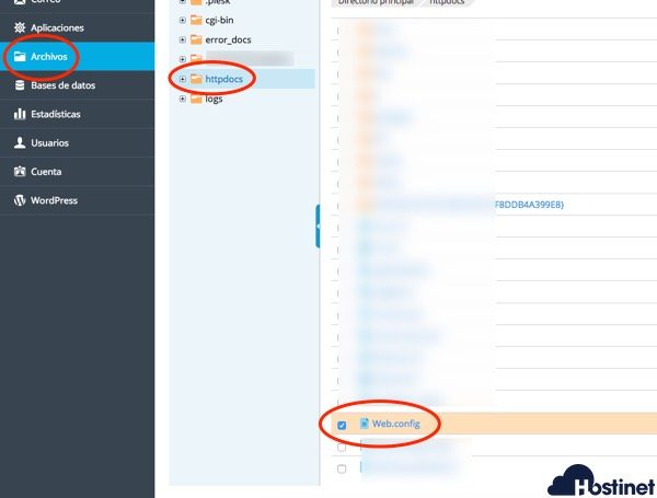 localizar web config en Plesk