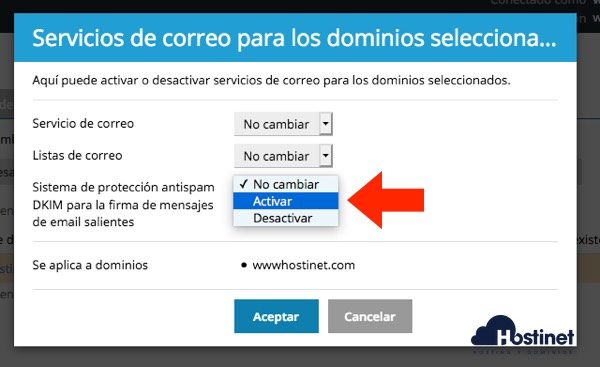 aceptar activar dkim - Plesk