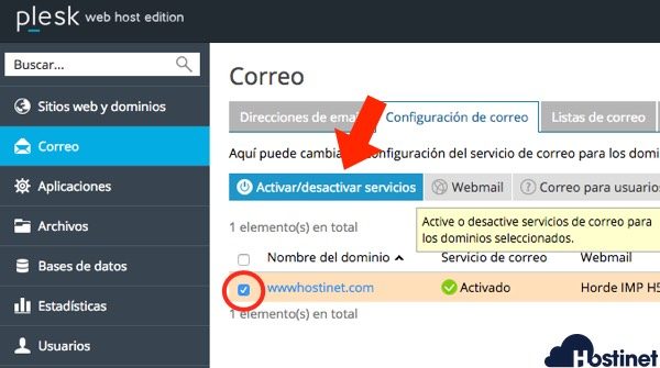 activar desactivar servicios correo - Plesk