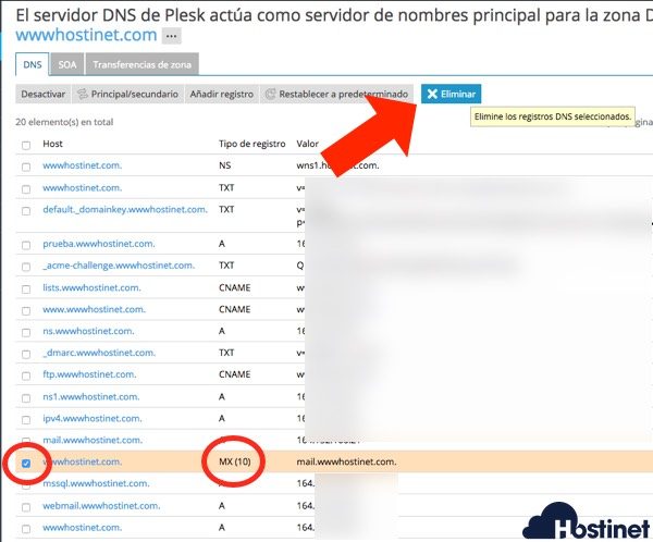 eliminar mx plesk para añadir MX Google