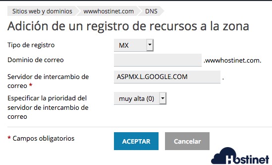 primer registro mx gsuite plesk - Google Registros MX