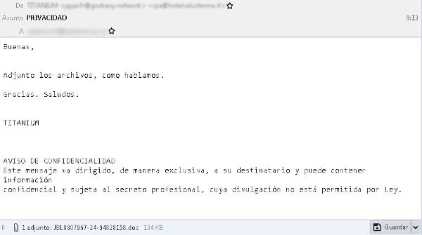 archivo adjunto malware ejemplo 3 - Campaña Spam