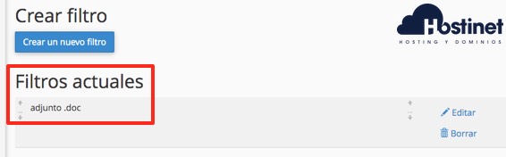 filtro email creado en cPanel