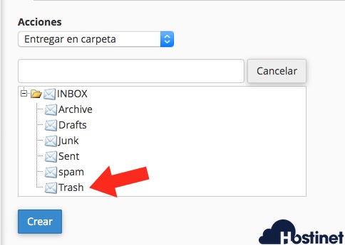 filtro email seleccionar trash - cPanel