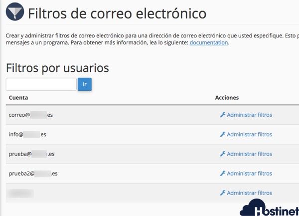 filtros email administrar cuenta en cPanel