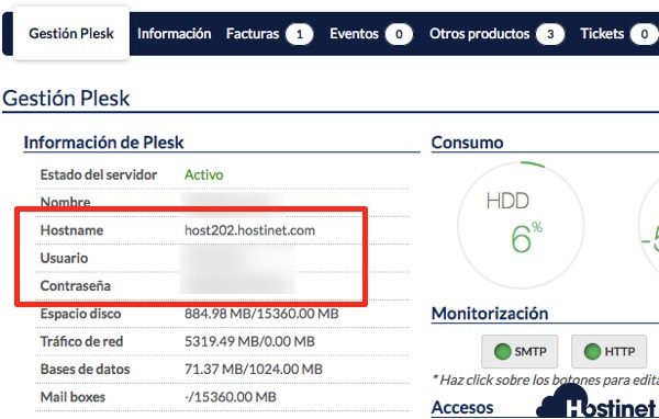 datos gestion plesk en Hostinet.com