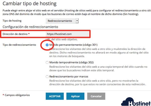 plesk redireccion 301 destino - Hostinet