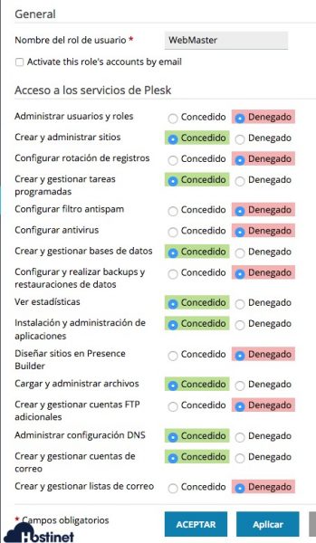 plesk administrasr permisos rol usuario