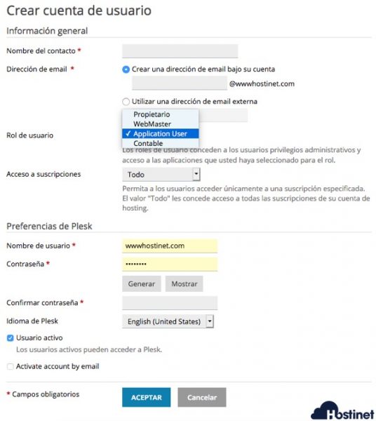 plesk crezar nueva cuenta usuario