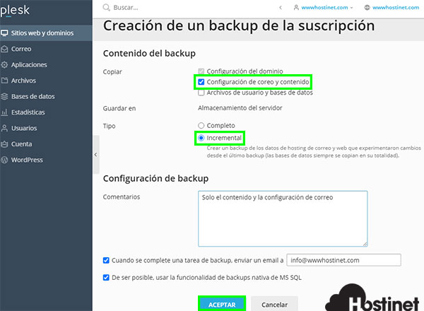 Plesk2020 Administrador Backups Creación