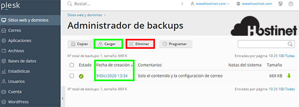 Plesk2020 Administrador Backups Eliminar Cargar Creación