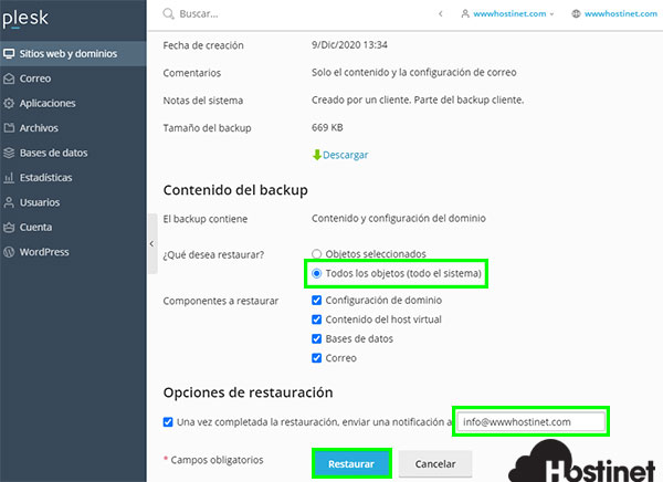 Plesk2020 Administrador Backups Restaurar