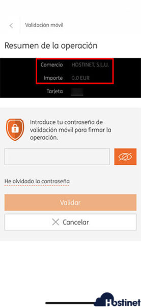 pago tarjeta app movil validacion contrasena - PSD2 Hostinet