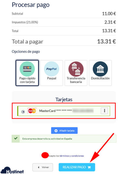 pago tarjeta validada disponible - PSD2 Hostinet 