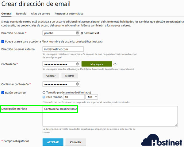 Plesk Crear Dirección Email Contraseña