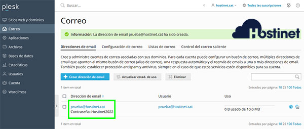 Plesk Crear Dirección Email Contraseña 2