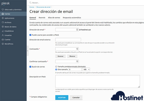 Plesk Crear Dirección Email Email 2